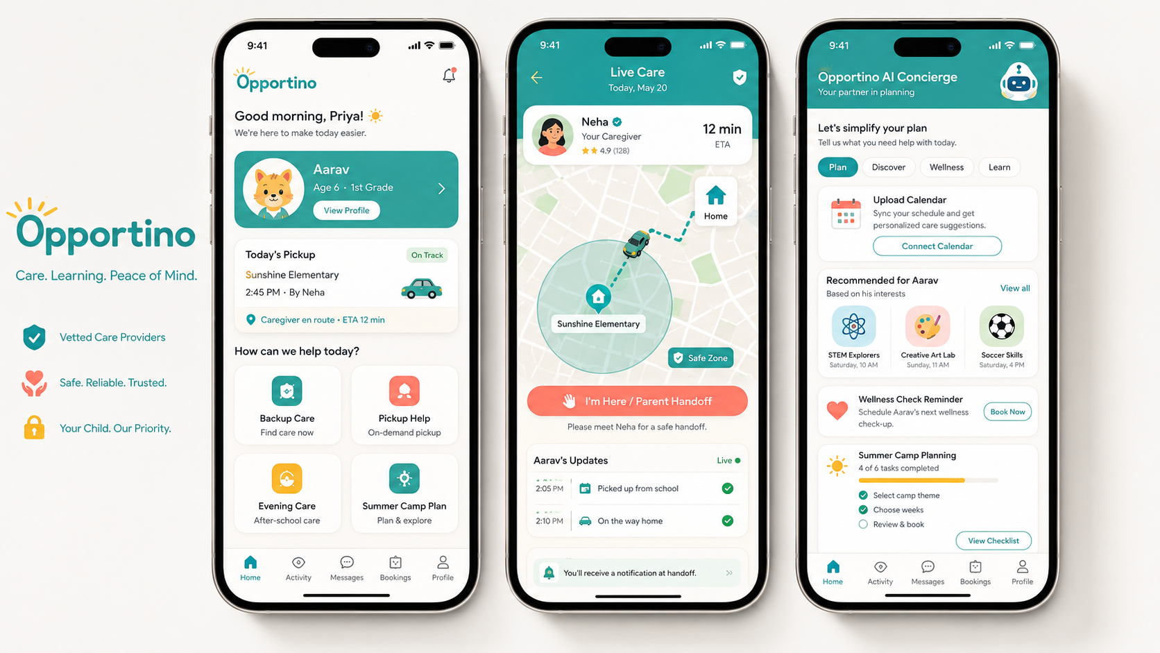 Opportino mobile app mockup showing parent care, live tracking, and concierge planning screens