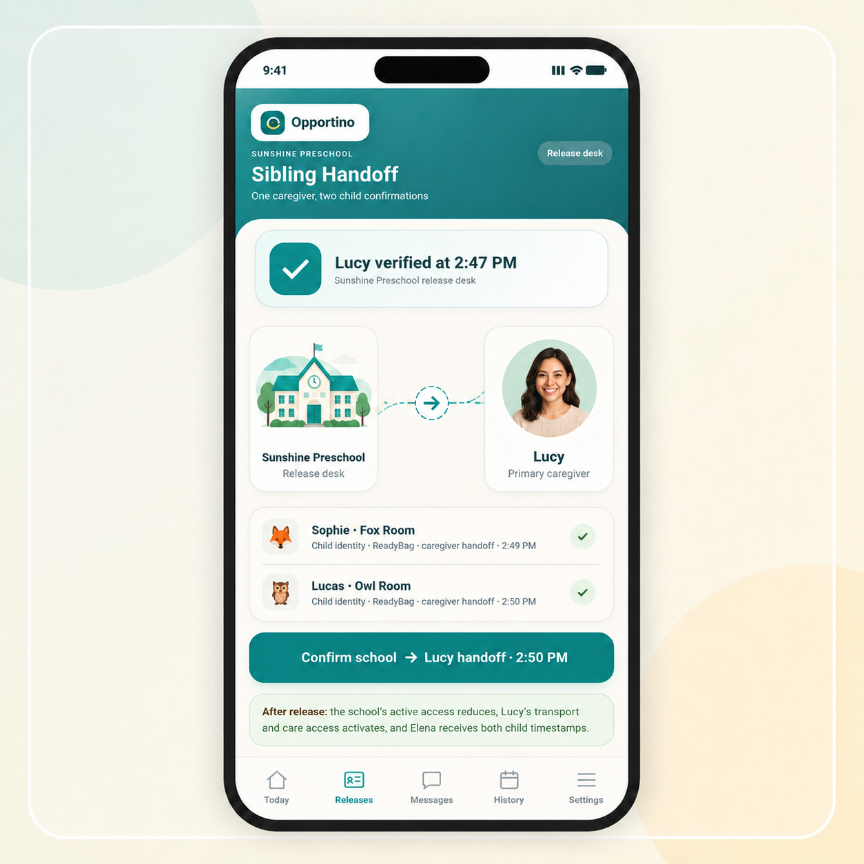 Opportino school release and Lucy caregiver handoff workflow
